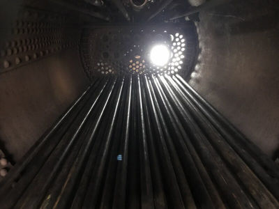 A view inside the boiler as the boiler tubes start to be fitted.